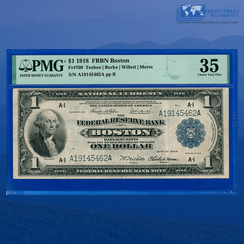 Fr.709 1918 $1 One Dollar FRBN Boston "GREEN EAGLE", PMG 35
