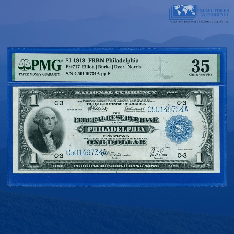 Fr.717 1918 $1 One Dollar FRBN Philly "GREEN EAGLE", PMG 35