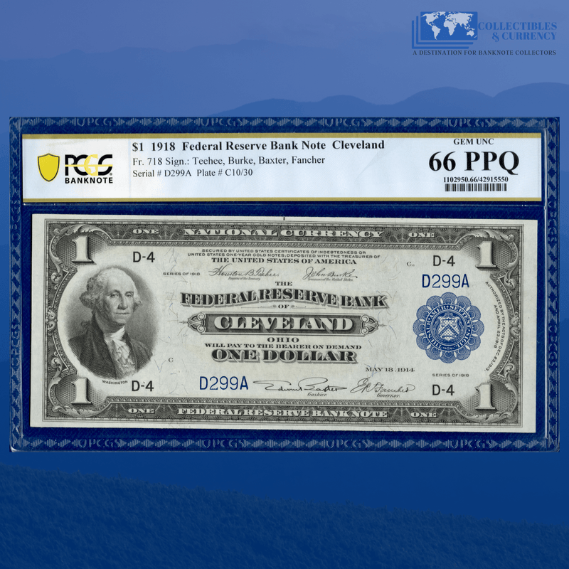 Fr.718 1918 $1 One Dollar FRBN Cleveland "GREEN EAGLE", 3 Digits, PCGS 66 PPQ