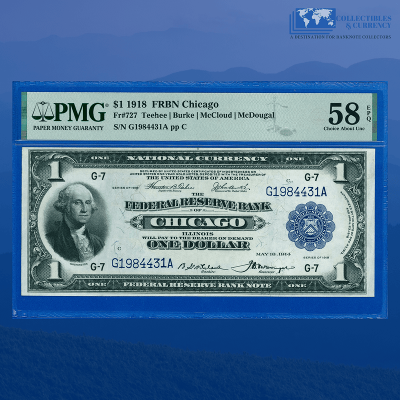 Fr.727 1918 $1 One Dollar FRBN Chicago "GREEN EAGLE", PMG 58 EPQ