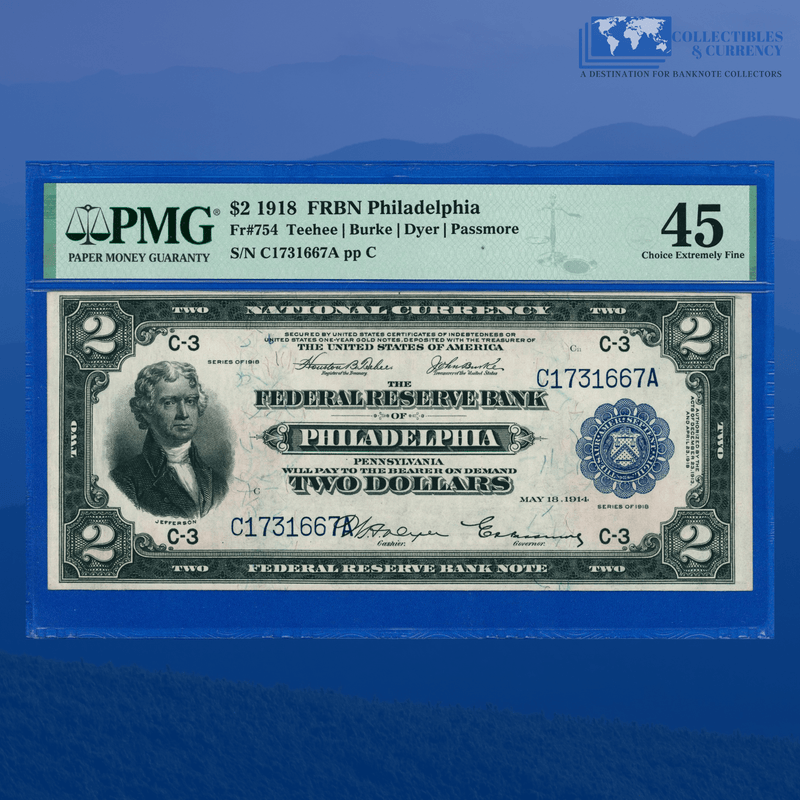 Fr.754 1918 $2 Two Dollars FRBN Philadelphia "BATTLESHIP", PMG 45