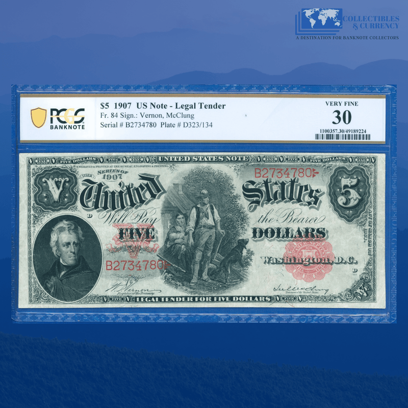 Fr.84 1907 $5 Five Dollars "WOODCHOPPER" Legal Tender Note, PCGS 30