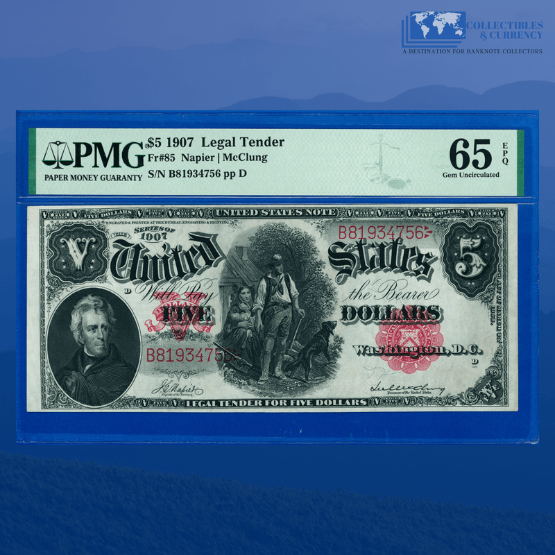 Fr.85 1907 $5 Five Dollars Bill "WOODCHOPPER" Legal Tender Note, PMG 65 EPQ
