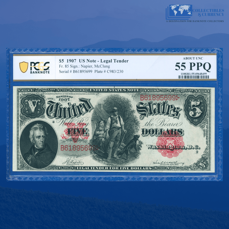 Fr.85 1907 $5 Five Dollars "WOODCHOPPER" Legal Tender Note, PCGS 55 PPQ