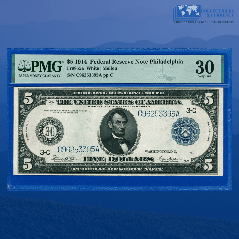 Fr.855a 1914 $5 Five Dollars FRN Philly, PMG 30