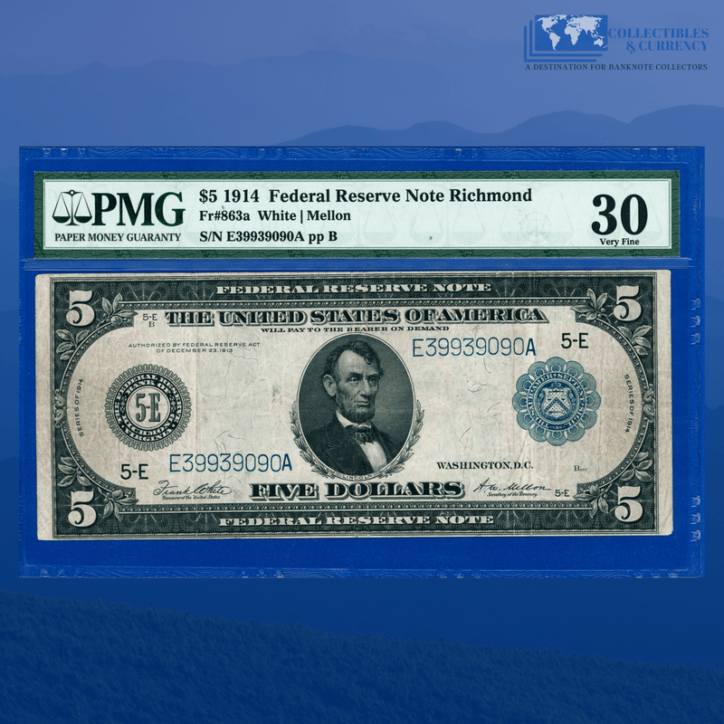 Fr.863a 1914 $5 Five Dollars FRN Richmond, PMG 30