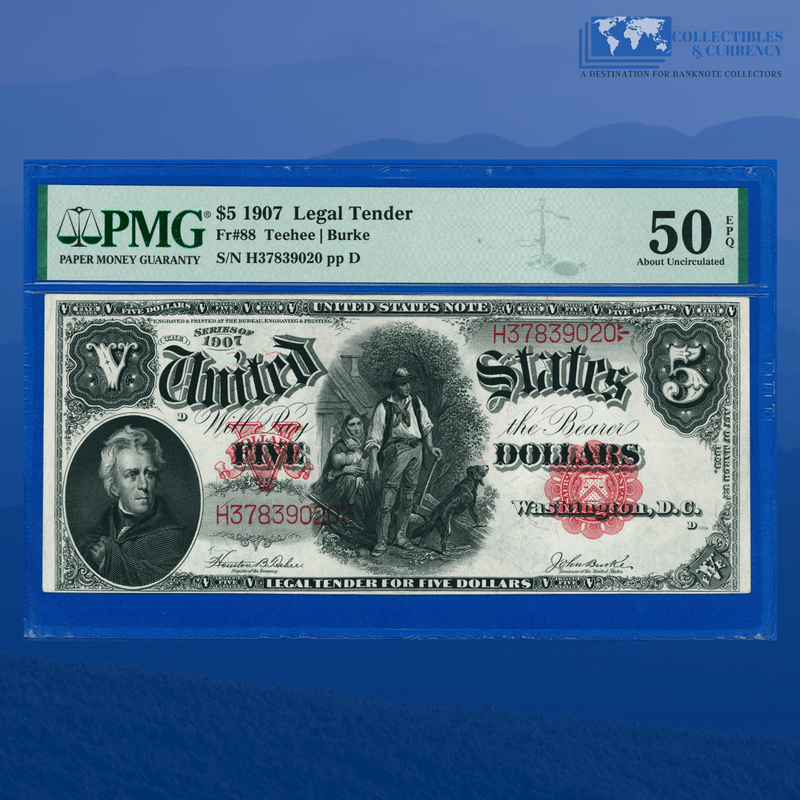 Fr.88 1907 $5 Five Dollars "WOODCHOPPER" Legal Tender Note, PMG 50 EPQ