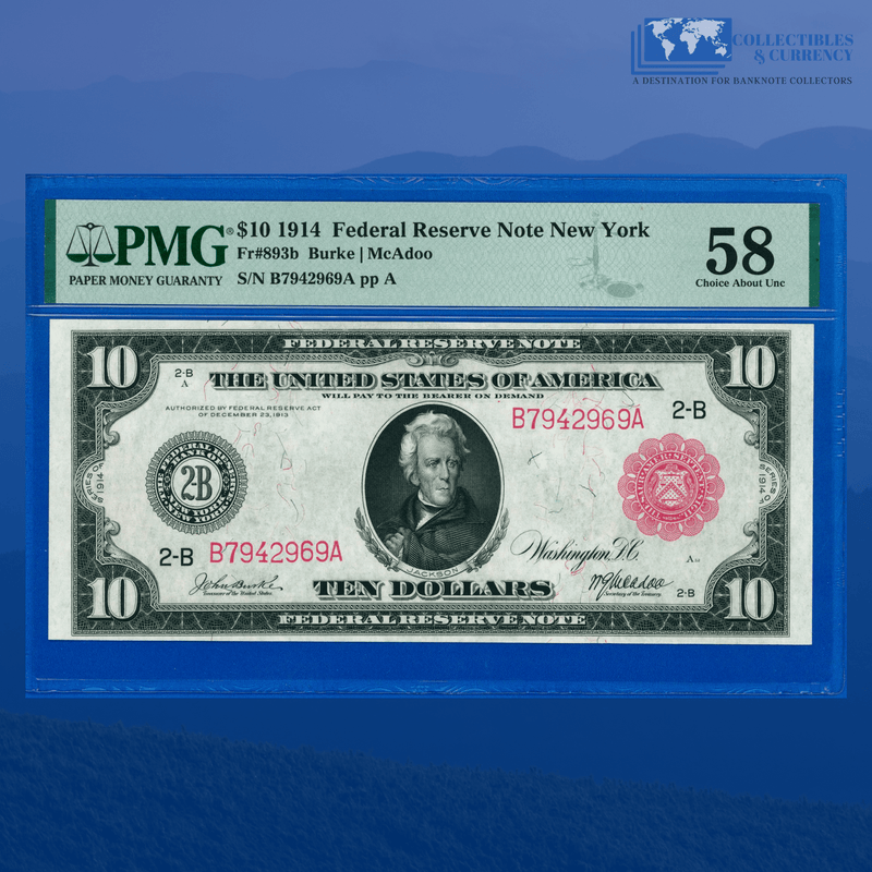 Fr.893b 1914 $10 Ten Dollars FRN New York, Red Seal, PMG 58