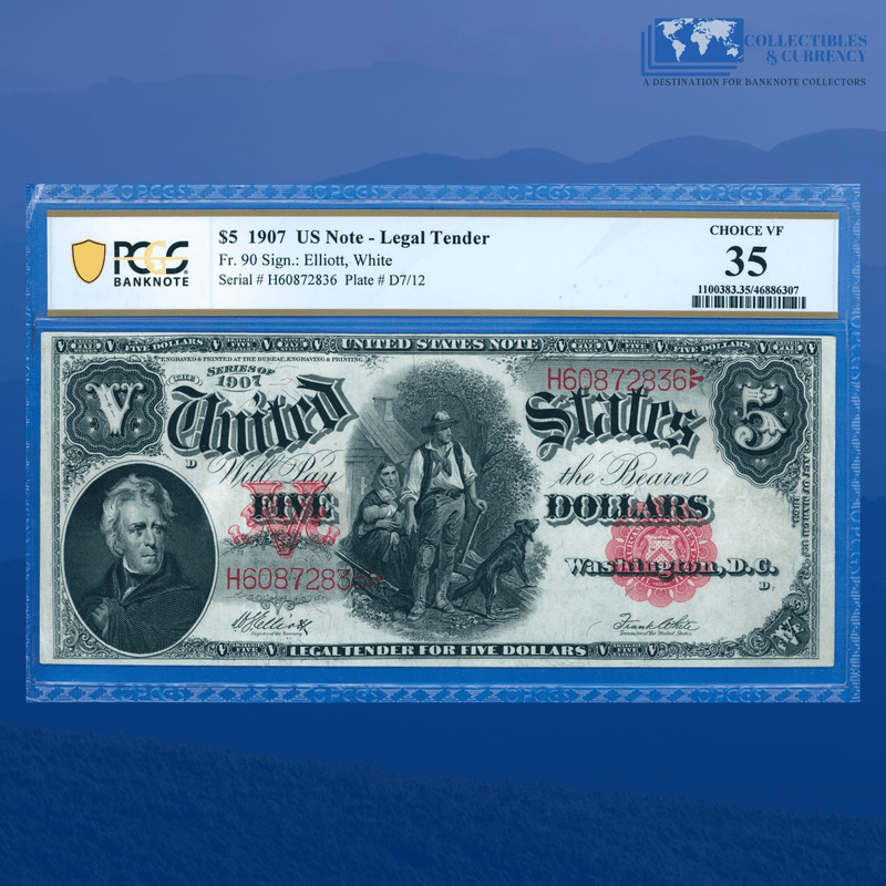 Fr.90 1907 $5 Five Dollars Bill "WOODCHOPPER" Legal Tender Note, PCGS 35