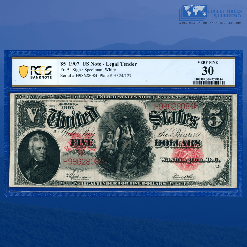 Fr.91 1907 $5 Five Dollars Bill "WOODCHOPPER" Legal Tender Note, PCGS 30
