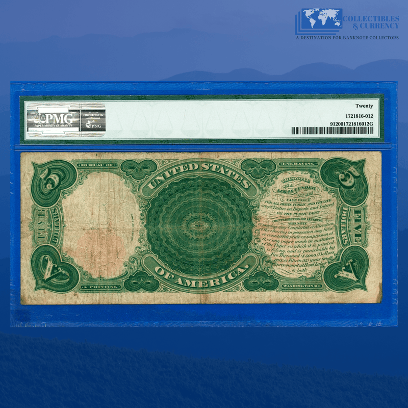 Fr.91 1907 $5 Five Dollars Bill "WOODCHOPPER" Legal Tender Note, PMG 20