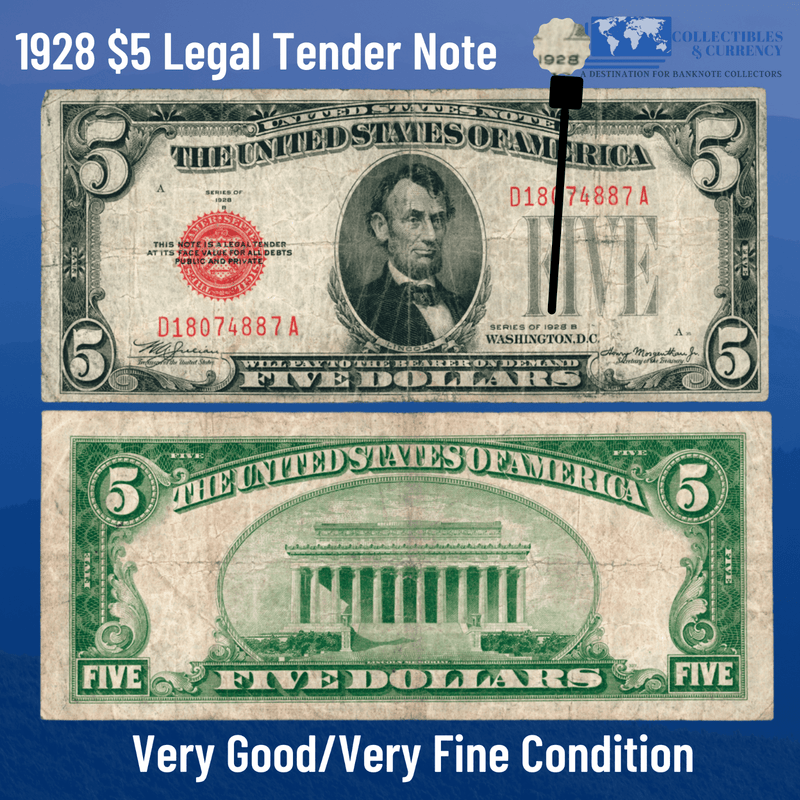 1928 $5 Five Dollars Legal Tender Note Red Seal, VG/VF Condition