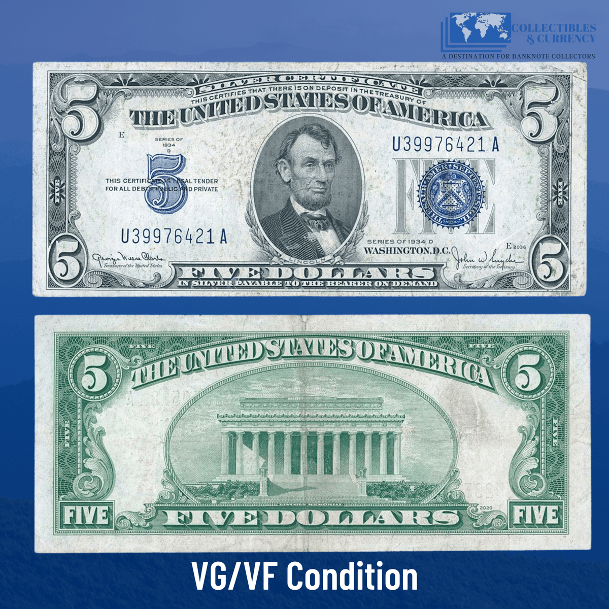 5 Dollar 1934 C Silver outlet Certificate - 1934C Series - Blue Seal - Authentic Collectible Currency - Choice Crisp UNC