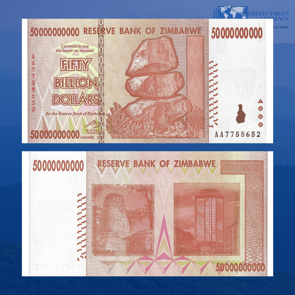 50 Billion Zimbabwe Dollar Banknotes 2008 AB Uncirculated For Sale