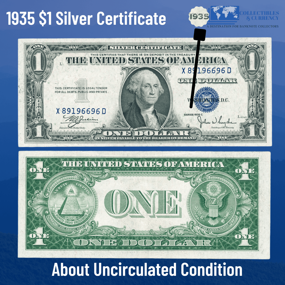 1935 $1 One Dollar Silver Certificate Blue Seal, About Uncirculated Co