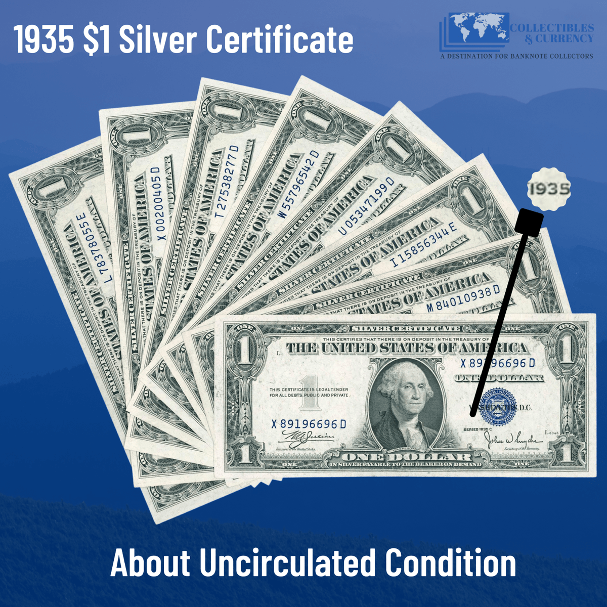 1935 $1 One Dollar Silver Certificate Blue Seal, About Uncirculated Co