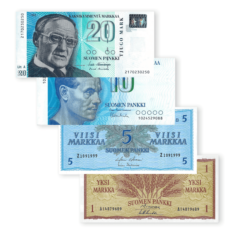 Finland Banknote / Uncirculated Finland Set of 4 Pcs 1963/1993 1-5-10-20 Markkaa