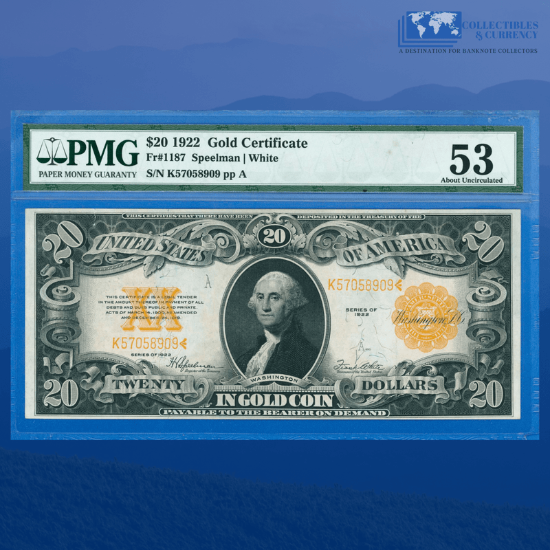 Fr.1187 1922 $20 Twenty Dollars Gold Certificate, PMG 53