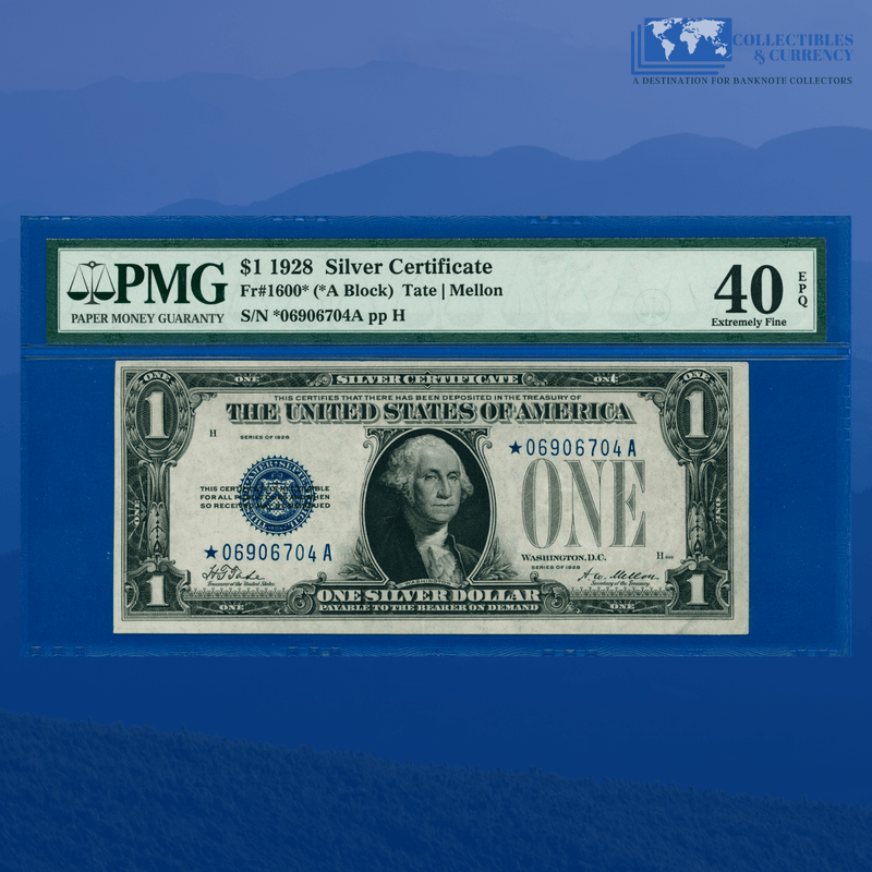 Fr.1600* 1928 $1 One Dollar Silver Certificate Star Note "FUNNYBACK", PMG 40 EPQ