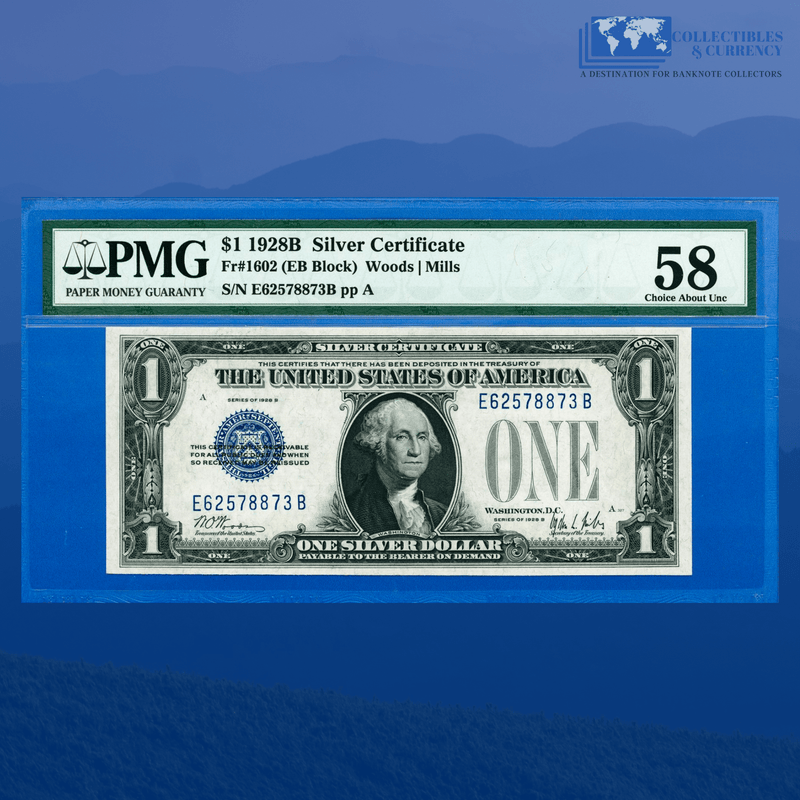 Fr.1602 1928B $1 One Dollar Silver Certificate "FUNNYBACK", PMG 58