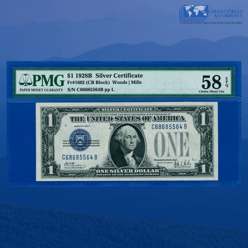 Fr.1602 1928B $1 One Dollar Silver Certificate "FUNNYBACK", PMG 58 EPQ