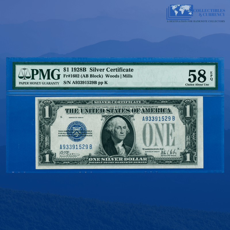 Fr.1602 1928B $1 One Dollar Silver Certificate "FUNNYBACK", PMG 58 EPQ