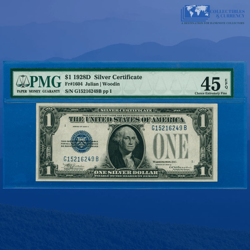 Fr.1604 1928D $1 One Dollar Silver Certificate "FUNNYBACK", PMG 45 EPQ