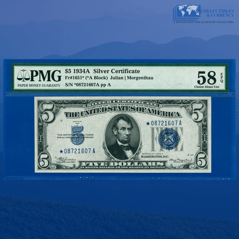 Fr.1651* 1934A $5 Five Dollars Silver Certificate Star Note, PMG 58 EPQ