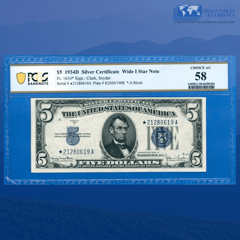 Fr.1654* 1934D $5 Five Dollars Silver Certificate Star Note, PCGS 58
