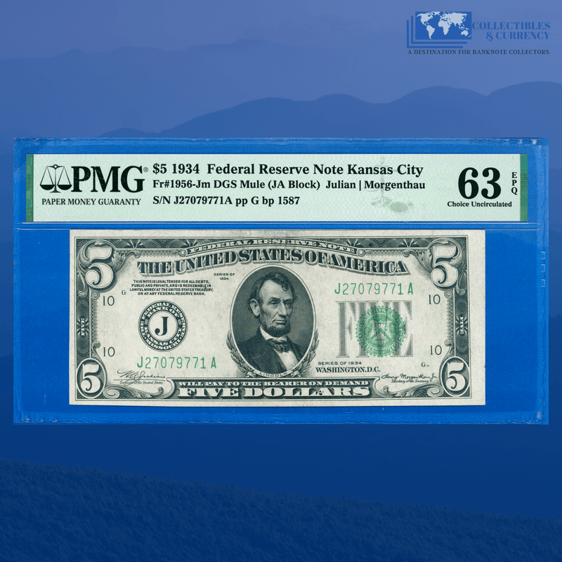 Fr.1956-Jm 1934 $5 Five Dollars FRN Mule Kansas City, PMG 63 EPQ