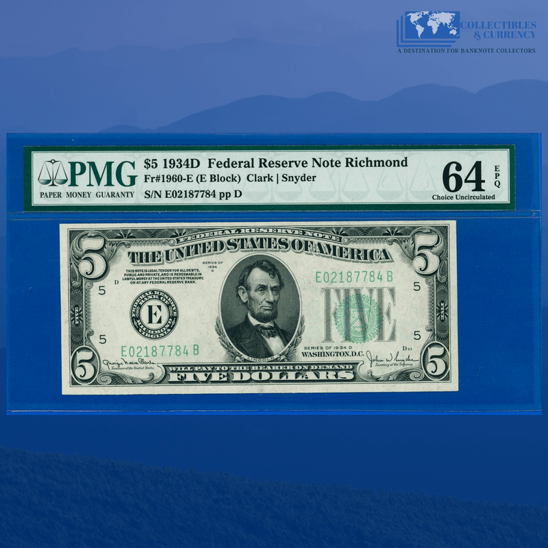 Fr.1960-E 1934 $5 Five Dollars FRN Richmond, PMG 64 EPQ
