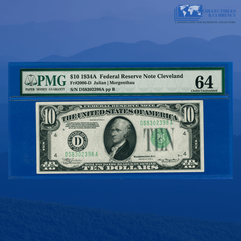 Fr.2006-D 1934A $10 Ten Dollars Federal Reserve Note Cleveland, PMG 64