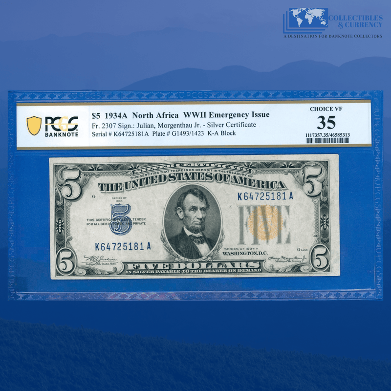 Fr.2307 1934A $5 Silver Certificate Yellow Seal "North Africa", PCGS 35