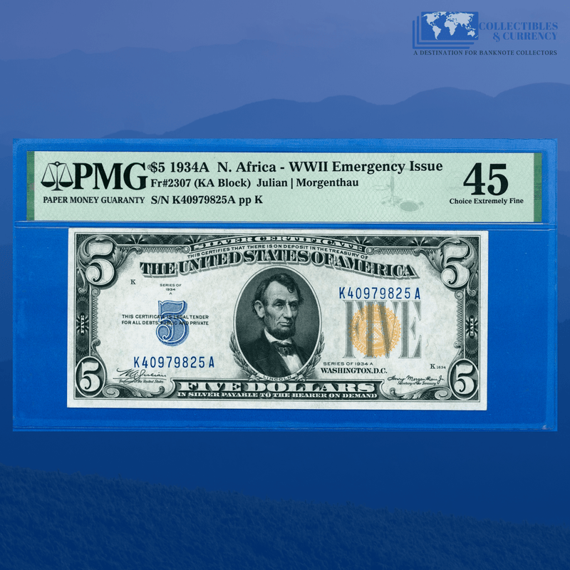 Fr.2307 193A $5 Silver Certificate Yellow Seal "North Africa" - PMG 45