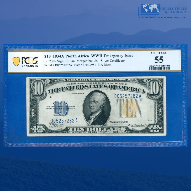 Fr.2309 1934A $10 Silver Certificate Yellow Seal "North Africa", PCGS 55
