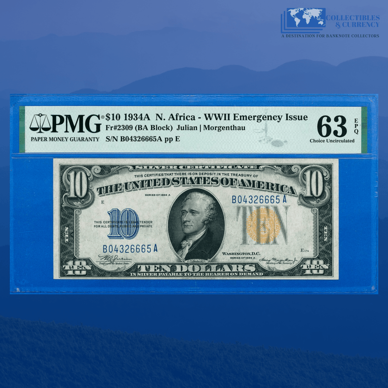 Fr.2309 1934A $10 Silver Certificate Yellow Seal "North Africa", PMG 63 EPQ