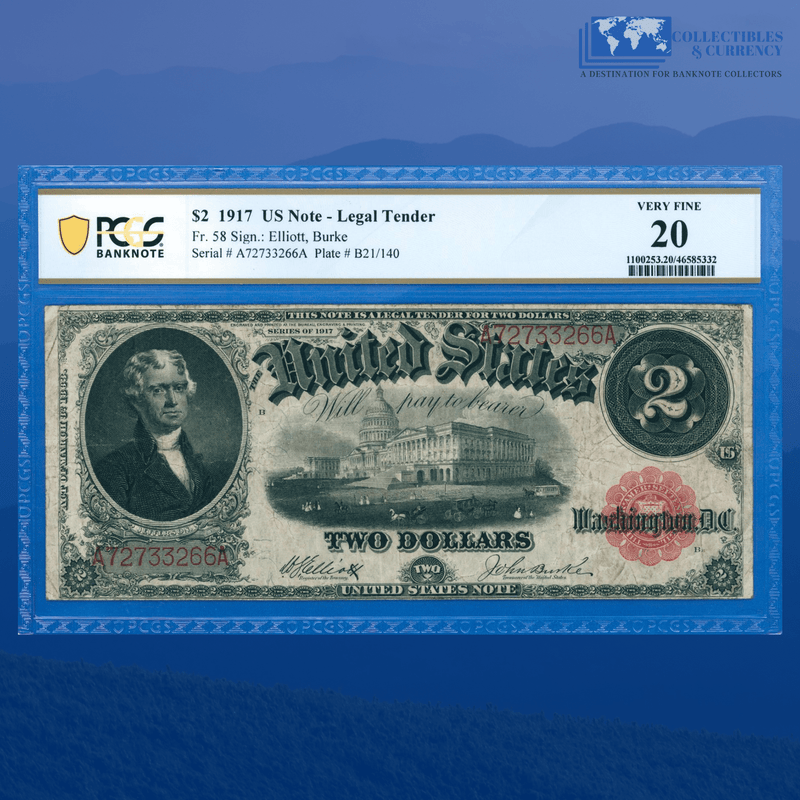 Fr.58 1917 $2 Two Dollars Bill "BRACELET REVERSE" Legal Tender Note, PCGS 20