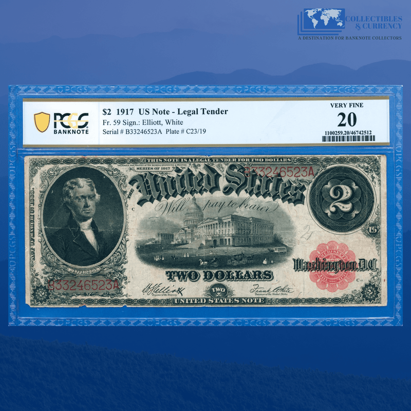 Fr.59 1917 $2 Two Dollars Bill "BRACELET REVERSE" Legal Tender Note, PCGS 20