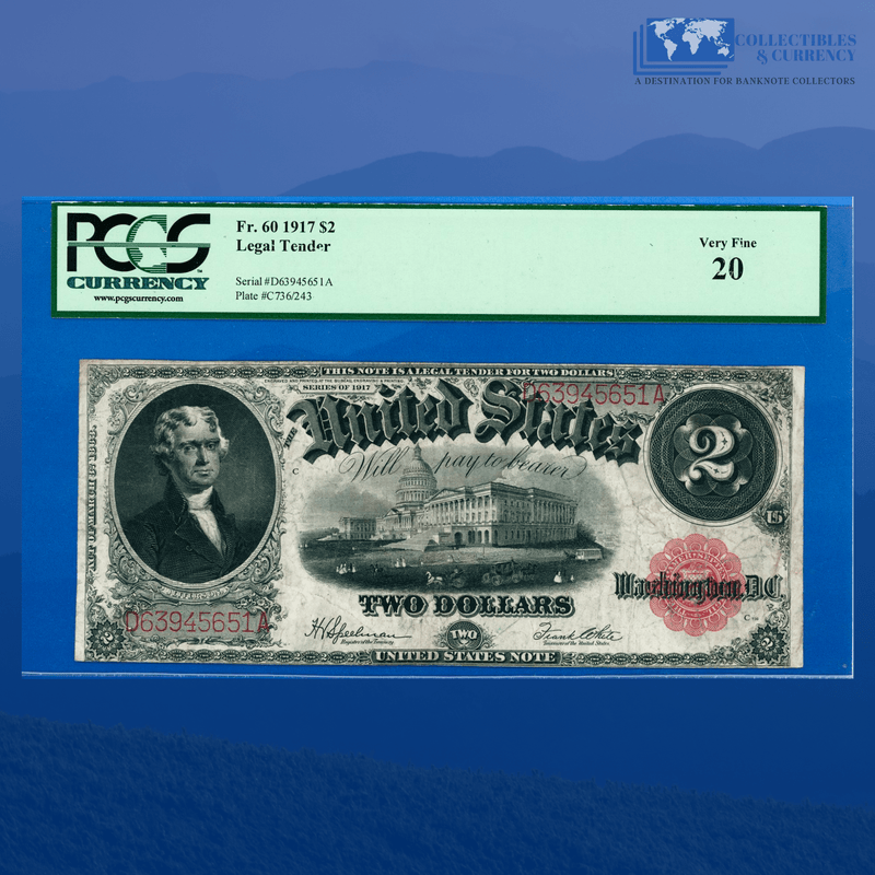 Fr.60 1917 $2 Two Dollars Bill "BRACELET REVERSE" Legal Tender Note, PCGS 20