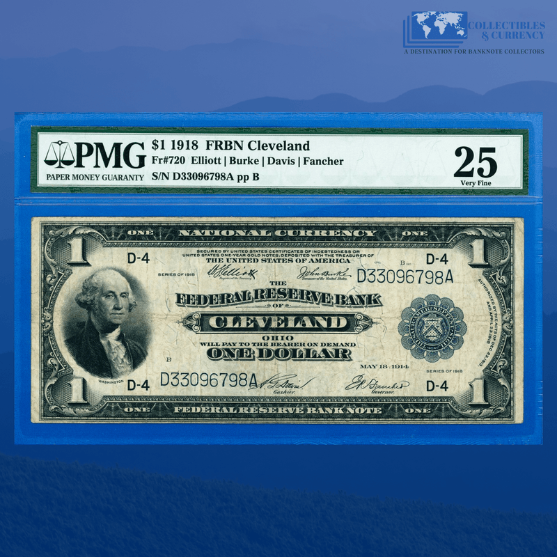 Fr.720 1918 $1 One Dollar FRBN Cleveland "GREEN EAGLE", PMG 25