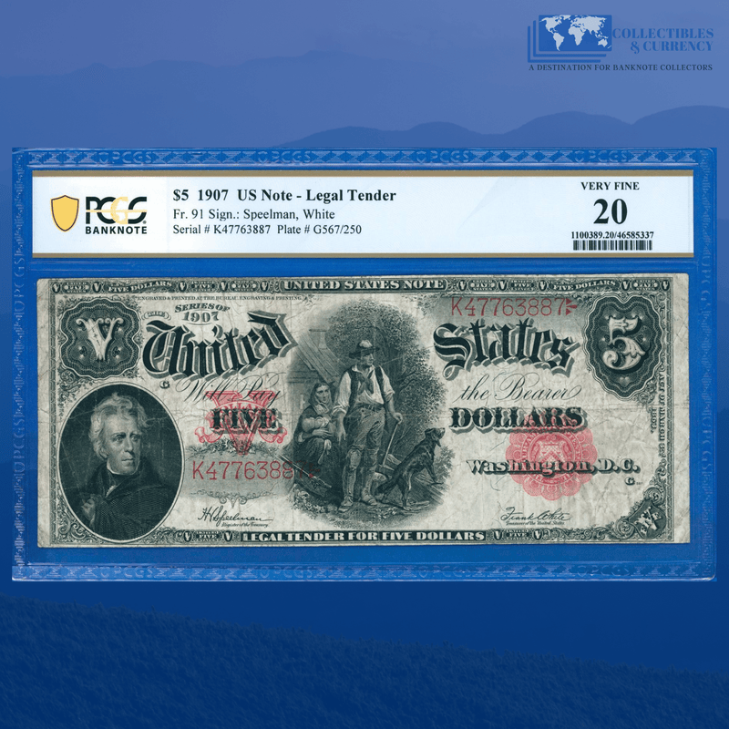 Fr.91 1907 $5 Five Dollars Bill "WOODCHOPPER" Legal Tender Note, PCGS 20