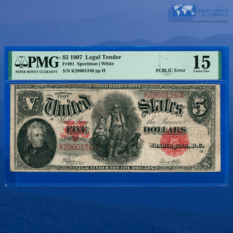 Fr.91 1907 $5 Five Dollars Bill "WOODCHOPPER" Legal Tender Note, PMG 15