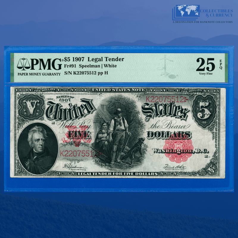 Fr.91 1907 $5 Five Dollars Bill "WOODCHOPPER" Legal Tender Note, PMG 25 EPQ