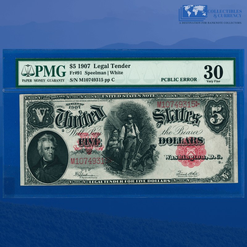 Fr.91 1907 $5 Five Dollars Bill "WOODCHOPPER" Legal Tender Note, PMG 30