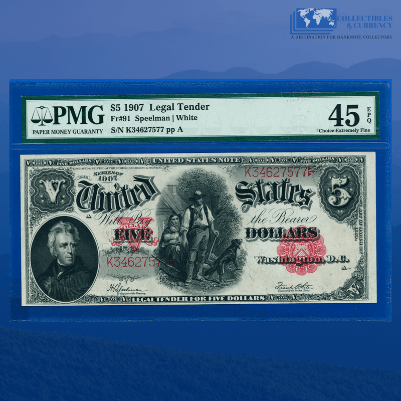 Fr.91 1907 $5 Five Dollars Bill "WOODCHOPPER" Legal Tender Note, PMG 45 EPQ