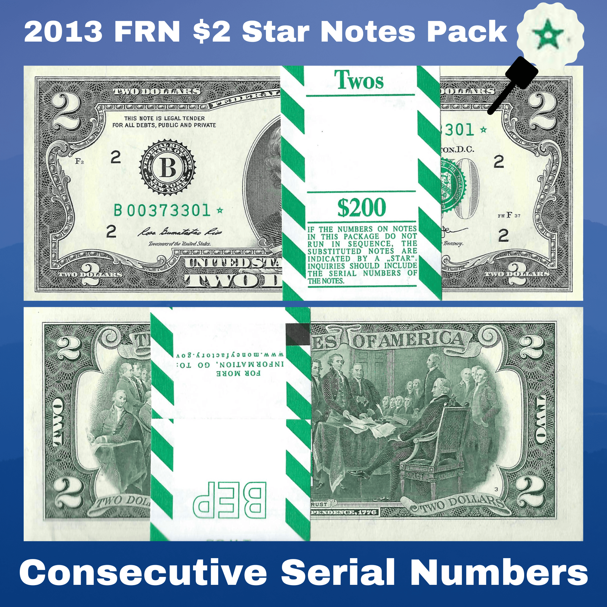 FRN 2013 $2 Star Notes Pack (100 Notes) | Two Dollar Bill Star Notes
