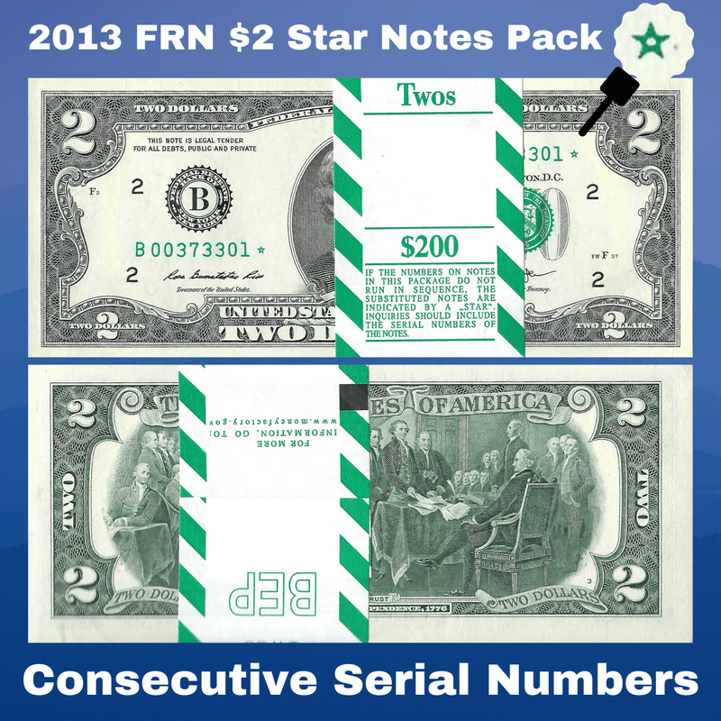 FRN / Uncirculated / 2013 FRN 2013 $2 Two Dollars Star Notes, B*(New York), Pack of 100