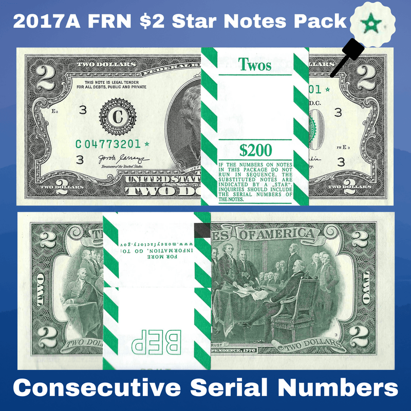 FRN / Uncirculated / 2017A FRN 2017A $2 Two Dollars Star Notes, C*(Philadelphia), Pack of 100