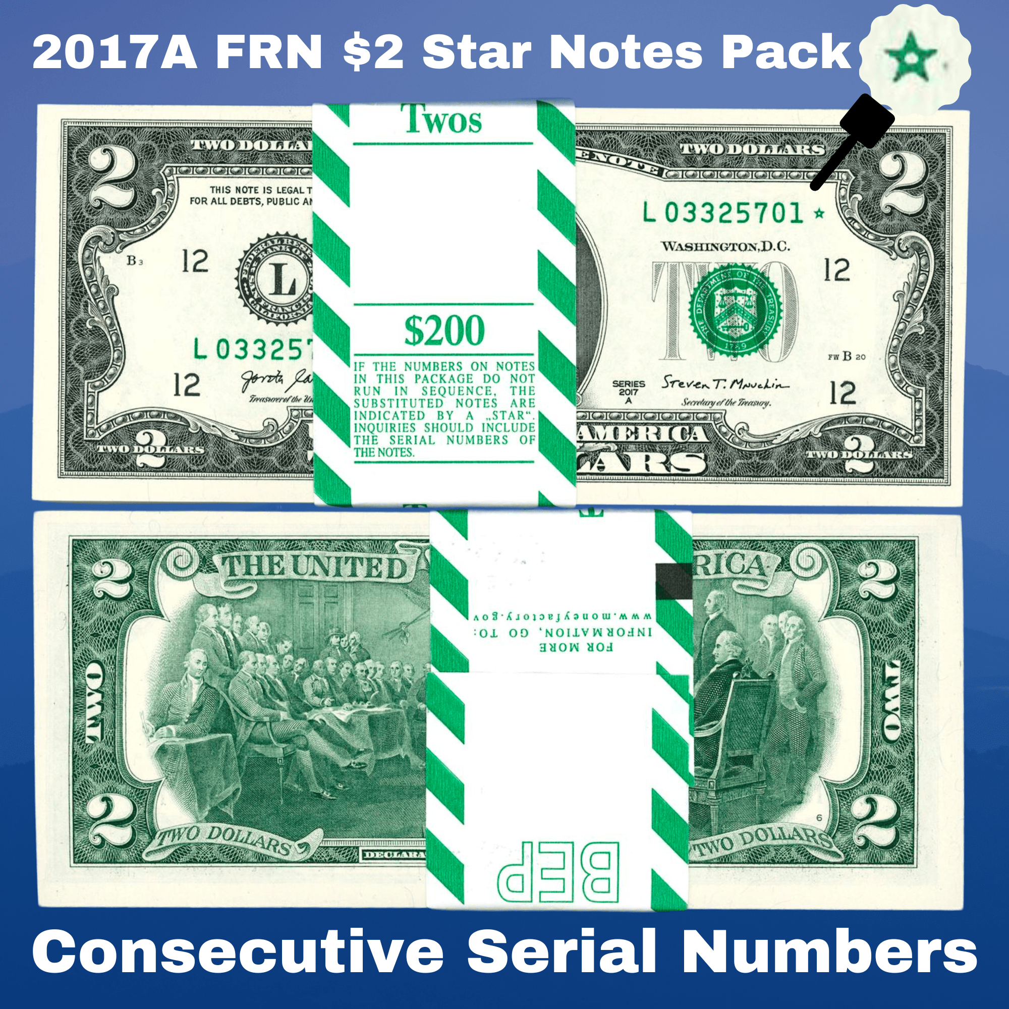 FRN 2017A $2 Two Dollars Star Notes, L*(San Francisco), Pack of 100