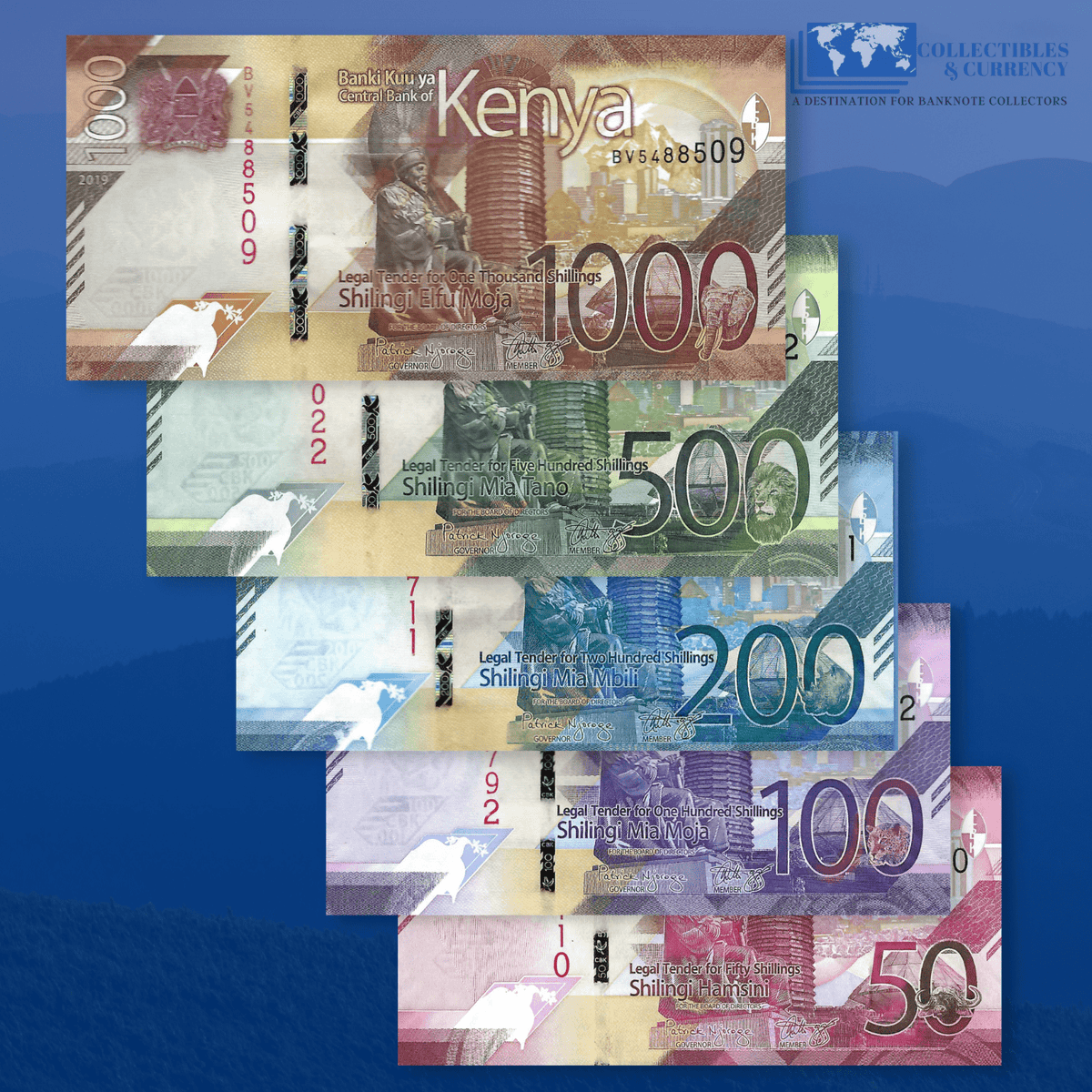 Kenya Set of 5 Pcs 50-100-200-500-1000 Shillings For Sale